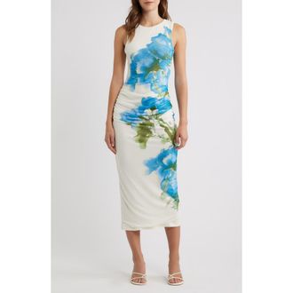 Flying Tomato Floral Ruched Midi Dress in Ivory Blue at Nordstrom, Size Medium