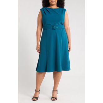London Times Bateau Neck Sleeveless Belted Fit & Flare Dress in Legion Blue at Nordstrom Rack, Size 14W