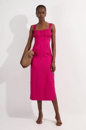 Karen Millen Womens Viscose Linen Ruched Detail Strappy Woven Midi Dress - Pink - Size 10 UK