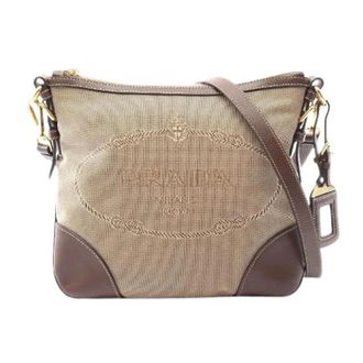 Prada Pre-owned Cross Body Bags, female, Beige, Size: ONE SIZE Pre-owned Logo Jacquard Canvas Leather Shoulder Bag