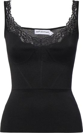 Self Portrait Sweetheart Neckline Lace Trim Ribbed Knit Top