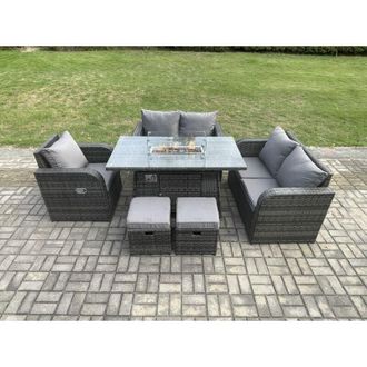 Fimous Rattan Garden Furniture Set with Gas Fire Pit Dining Table,Reclining Chair 2 Small Footstools Indoor Outdoor 6 piece Loveseat Sofa set - Fimous