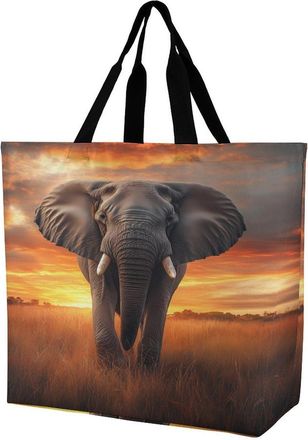 Generic Elephant Sunset Large Reusable Shopping Bag Lightweight Foldable Tote Bags Washable Shoulder Handbag