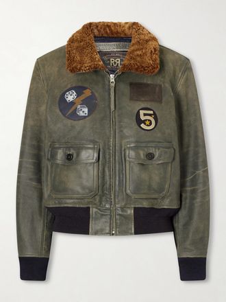Ralph Lauren Bomber In Pelle Con Applicazioni E Finiture In Peluche Harper - Blu