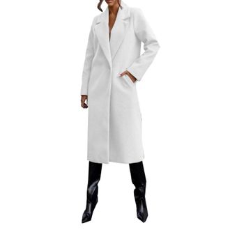 Generic Ladies Wool Coats Elegant Notched Lapel Collar Wool Blend Pea Coat Single-Breasted Longline Trench Coats Long Winter Smart Overcoats With Pockets,Whit