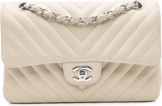 Chanel Pre-owned Small Classic Chevron Lambskin Double Flap Shoulder Bag - Dames - Vintage Schoudertas - Wit - ONE Size - Leer - Vintage