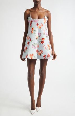 Brandon Maxwell The Zinnia Floral Virgin Wool & Silk Faille Trapeze Minidress in Light Blue Floral at Nordstrom, Size 10