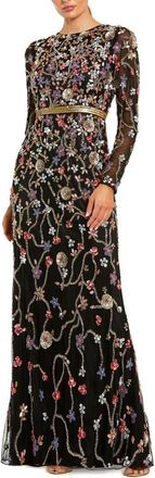 Mac Duggal Hand Embellished Long Sleeve High Neck Gown in Black Multi at Nordstrom, Size 18