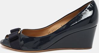 Ferragamo Blue Patent Leather Vara Bow Wedge Pumps
