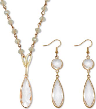 Palm Beach Jewelry Crystal Goldtone Drop Necklace and Crystal Earrings 2-Piece Set