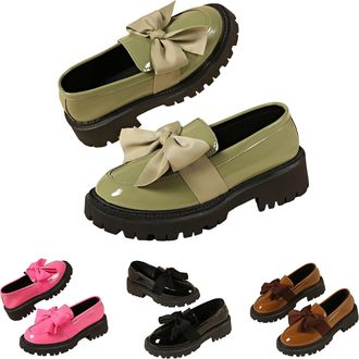 Generic Womens Cute Bowknot Loafers Leather Platform Chunky Lug Sole Slip On Shoes Solid Round Toe Casual Dressy Comfortable Loafers for Women Lightweight Bus