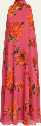 Lela Rose Floral Sleeveless Tie-Neck Maxi Dress