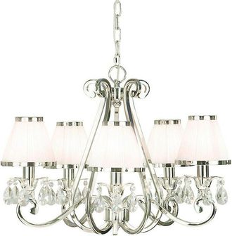 Loops Esher Ceiling Pendant Chandelier Nickel Crystal & White Shades 5 Lamp Light