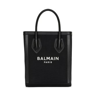 Balmain Handbags, female, Black, Size: ONE SIZE Leather-Trimmed Canvas Tote Bag