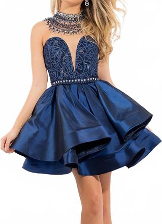 Rachel Allan Taffeta Lace Cocktail Dress In Navy