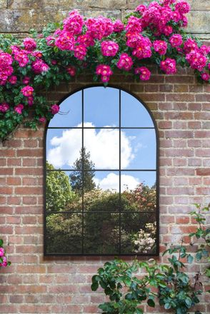 MirrorOutlet Black Metal Framed Arched Window Wall Garden Mirror (120CM X 80CM) | Size: 1 Pack