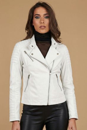 D'Arienzo Giacca moto in pelle bianca trapuntata stile chiodo DArienzo, Seleziona Taglia XS, Colore Bianco