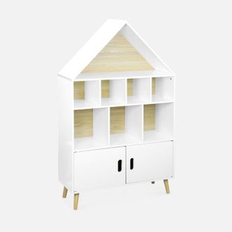 Sweeek Sweeek - Librer&iacute;a Infantil De Madera Con 8 Compartimentos Y 2 Puertas, Tobias, Blanco, 80.5x30x133 Cm
