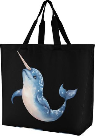 Generic Cute Narwhal Reusable Shopping Bags One Shoulder Grocery Tote Bag Waterproof Big Purse for Work Travel