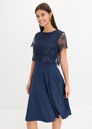 Bonprix Midikleid BONPRIX, Damen, Gr. 34, N-Gr, dunkelblau, Obermaterial: 70% Viskose, 25% Polyester, 5% Elasthan. Spitze: 100% Polyester, festlich, ausgestel