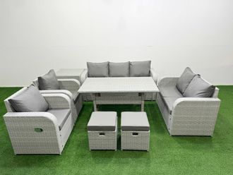Fimous PE Rattan Garden Furniture Set Reclining Chair Sofa Double Love Seat 2 Seater Sofa Lounge Set Rectangular Dining Table 2 Stools Side Table