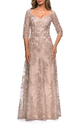 La Femme Long Lace A-line Three Quarter Sleeve Gown in Champagne at Nordstrom, Size 20