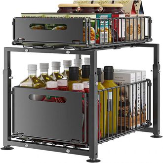 OEM Organisateur De Placard Bas - Etagere Reglable En Metal - 2 Niveaux - 29 X 37,5 X 41-49 Cm - Noir - 1 Piece