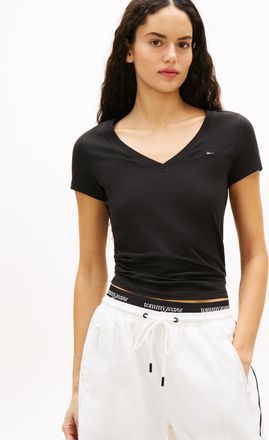 Tommy Jeans Kurzarmshirt TOMMY JEANS TJW SLIM V-NECK TEE, Damen, Gr. XL (42), schwarz, Single Jersey, Obermaterial: 100% Baumwolle, unifarben, slim fit h&uuml;ftlang, 