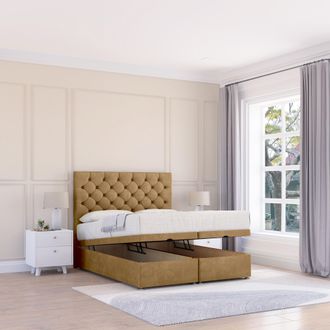 Sloomy Mayfair Plush Fabric Ottoman Bed End Opening With Sprung Memory Mattress & 26 Inch strut Headboard in Light Brown | Size: Single