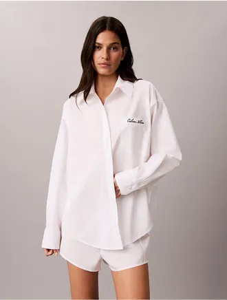 Calvin Klein Womens Cotton Poplin Script Sleep Shirt - White - XL