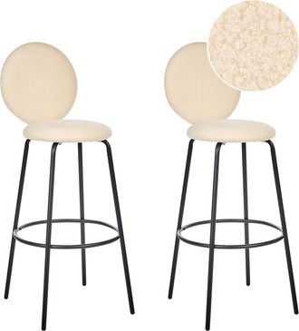 Beliani Conjunto De 2 Sillas De Bar De Boucl&eacute; Patas De Acero Negro Respaldo Redondo Patas De Tapas Comedor Beige Claro Emery