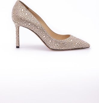 Jimmy Choo London Honey Gold Shimmer Suede Crystals Romy 85 Womens pumps