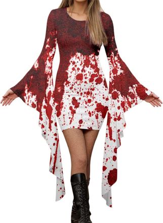 Generic Im Fine Its Not My Blood Halloween Bloody Dresses Women Costume Dress Crew Neck Skull Plus Size Flared Bell Long Sleeve Skeleton Funny Stretchy Carniv