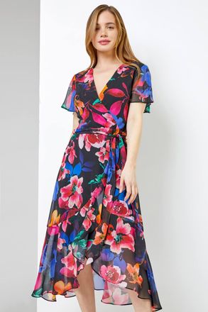 Roman Floral Chiffon Frill Wrap Dress