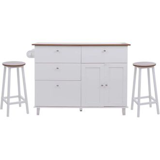 Hhg Isla De Cocina Hhg-692 Con 2 Taburetes, Armario De Cocina Con Cajones Y Compartimentos De Almacenamiento Mdf 90x131x47 Cm, Blanco, Aspecto M&aacute;rmol Negr