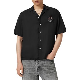 AllSaints Fungi Embroidered Camp Shirt in Jet Black at Nordstrom, Size Medium