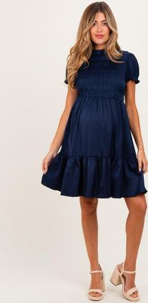 Pinkblush Satin Smocked Mock Neck Dress in Navy Blue at Nordstrom, Size Medium