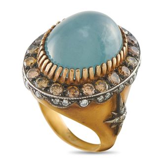 Sara Weinstock 18K Yellow Gold and Silver Diamond and Aqua Cats Eye Ring SW25-100726