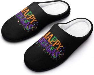 Generic Mardi Happy Day Gras Cotton Womens Slip-on Slippers Winter Warm House Shoes with Rubber Sole for Home Office Hotel
