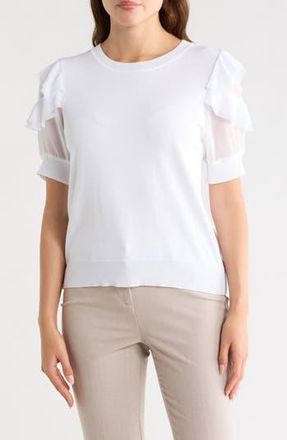 Nanette Lepore Ruffle Short Sleeve Mixed Media Sweater in White at Nordstrom Rack, Size X-Large