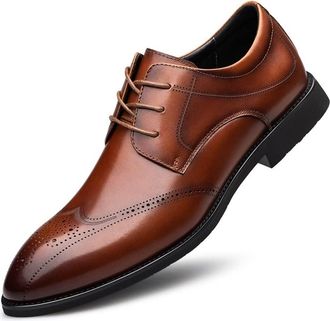 Generic Dress Shoes for Men Lace Up Wing tip Burnished Toe Derby Shoes Leather Low Top Non Slip Block Heel Rubber Sole Anti-Slip Prom(Brown,6.5 UK)