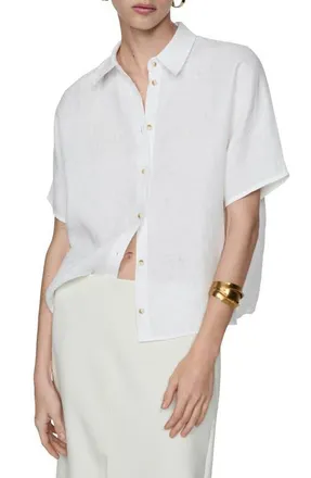 Mango Short Sleeve Linen Button-Up Shirt in White at Nordstrom, Size 14