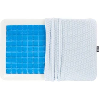 Beliani Almohada De Gel Efecto Memoria De Tela Aloe Vera Blanca Y Azul Soporte Para El Cuello Coj&iacute;n De Firmeza Media Emin