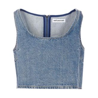Self Portrait Sleeveless Tops, female, Blue, Size: 2XS Crystal-Embellished Zip Top