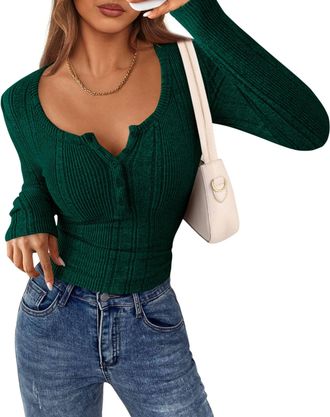 PrettyGarden Womens Long Sleeve Tops 2025 Fall Fashion Clothes Henley Shirts Slim Fitted Ribbed Tees Blouses Casual Outfits, Dark Green, S