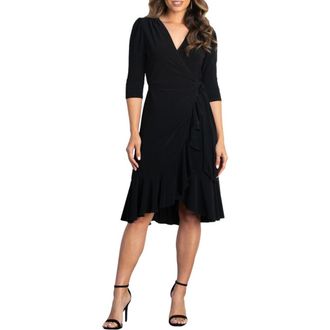 Kiyonna Whimsy Midi Wrap Dress in Black Noir at Nordstrom, Size X-Small