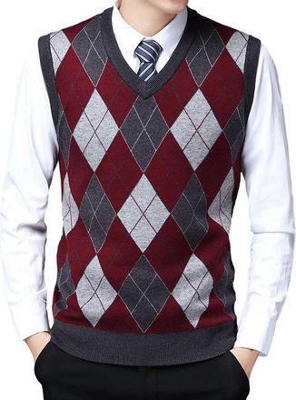 Generic Mens Plaid V-Neck Sleeveless Knitted Vest Mens Sweater Vest Sleeveless Jumper Casual Business Knitted Tank Tops Sweater Waistcoat Red 3XL