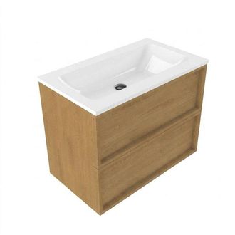Saniclass Holz Frame Badkamermeubelset - 80x45x77.5cm - Torino solid surface wastafel wit - zonder kraangat - 2 lades - mat eiken natural (hout)