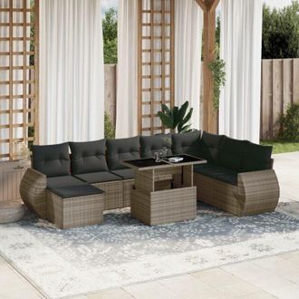 vidaXL Set De Muebles De Jard&iacute;n 9 Pzas Y Cojines Rat&aacute;n Sint&eacute;tico Gris Vidaxl