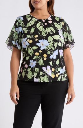 Kasper Contrast Flutter Sleeve Top in Black Multi at Nordstrom, Size 3 X